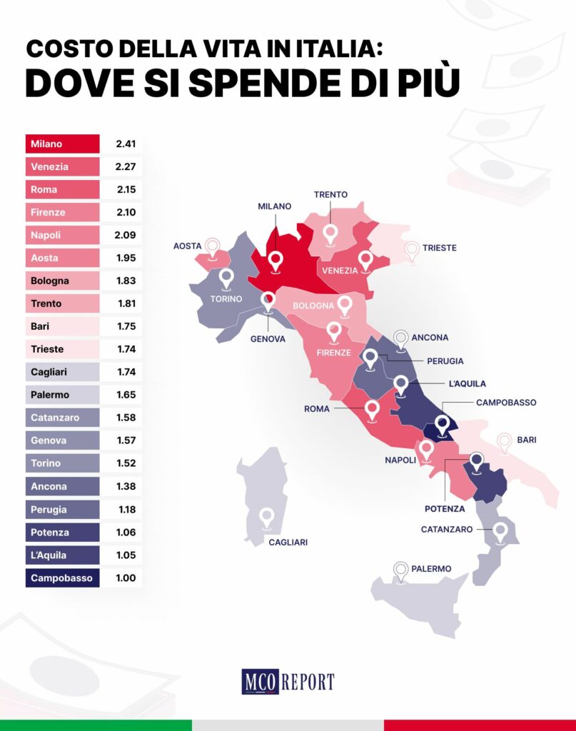 Carta dell'Italia con tutti i capoluoghi italiani e punteggio sul costo della vita
