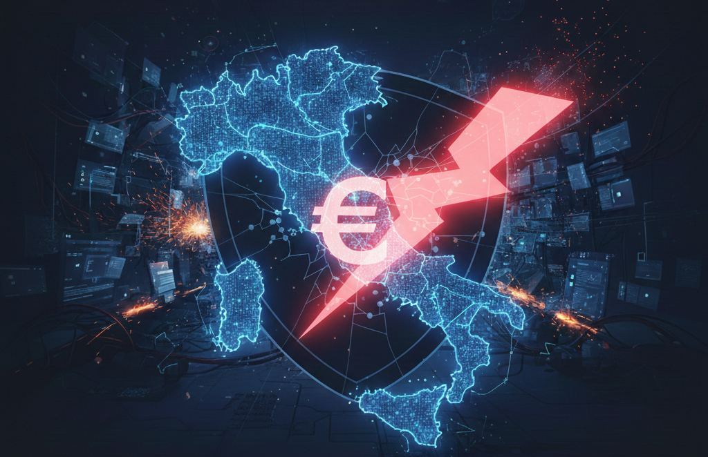 mappa dell'Italia formata da circuiti digitali blu e luminosi, colpita da un fulmine rosso stilizzato che contiene al suo interno il simbolo dell'Euro