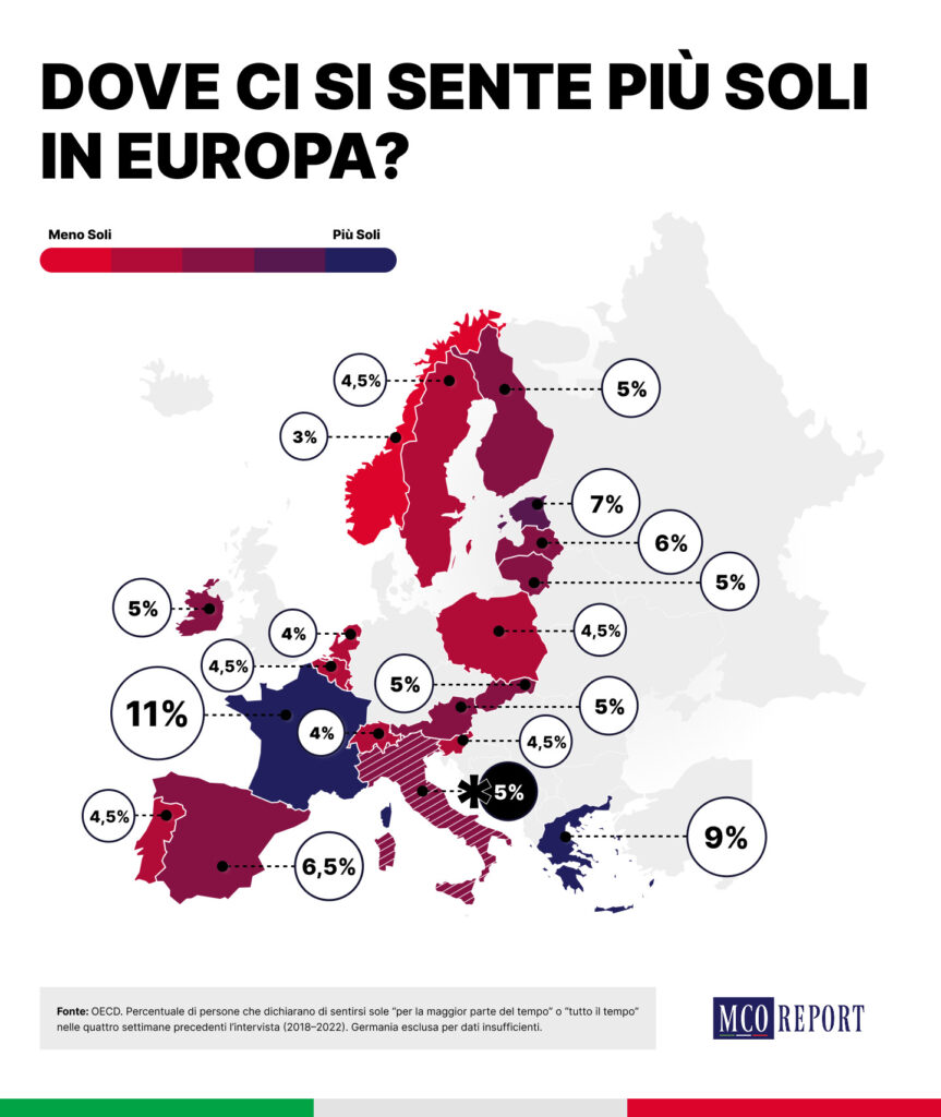 Carta dell'Europa che mostra i paesi dove ci sente più soli con percentuali