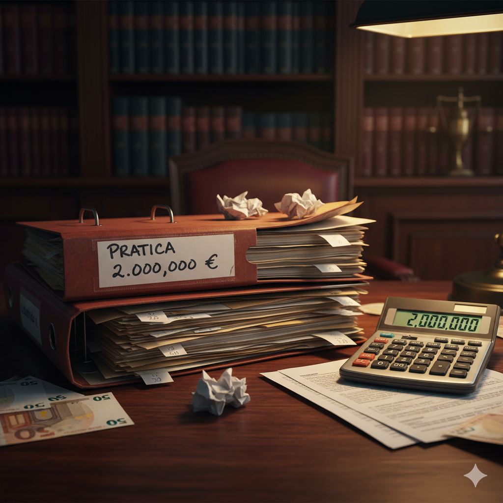 Primo piano di un archivio processuale con etichetta da 2 milioni di euro e calcolatrice, simbolo dei costi pubblici del caso Corona
