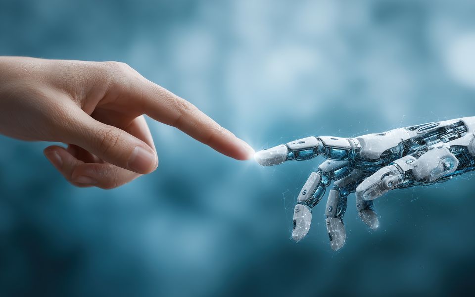 Contatto tra mano umana e mano meccanica di un robot AI